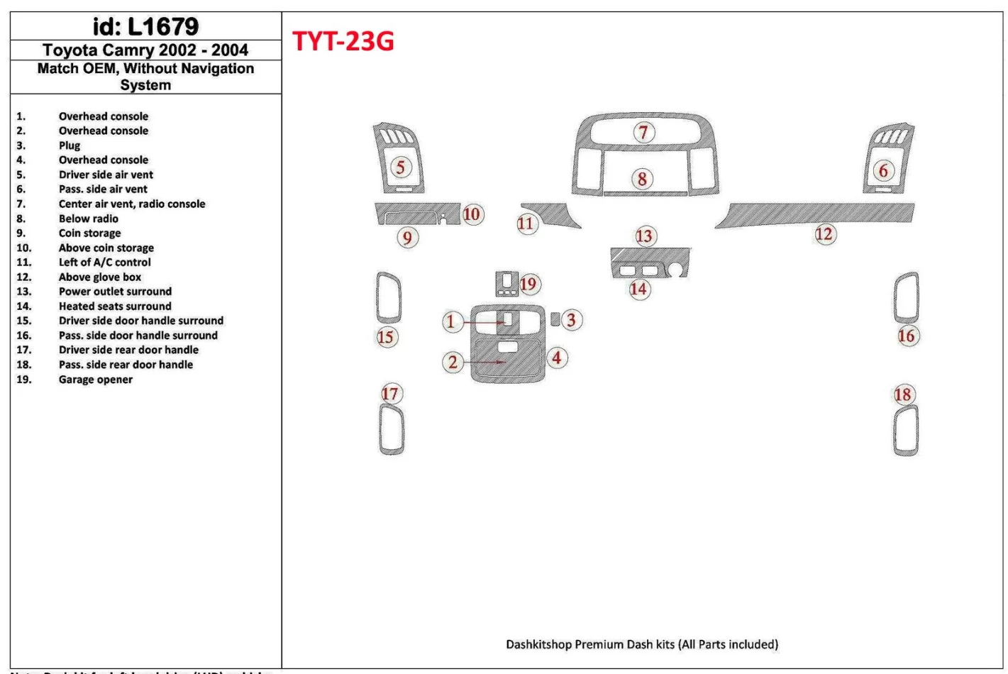 Toyota Camry 2002-2004 OEM Compliance, Without NAVI system Interior BD Dash Trim Kit - 1 - Interior Dash Trim Kit