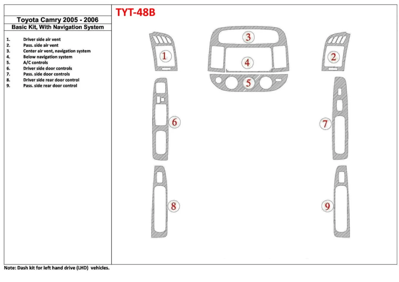 Toyota Camry 2005-2006 Basic Set, With NAVI system, Without OEM Interior BD Dash Trim Kit - 1 - Interior Dash Trim Kit