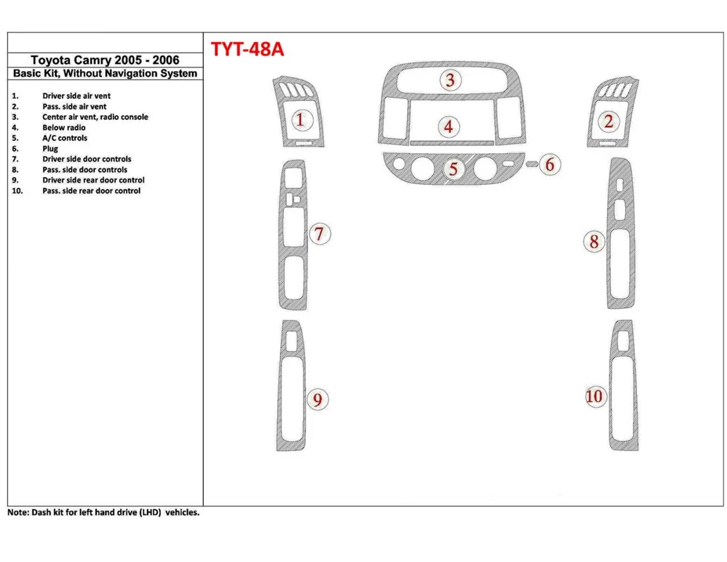 Toyota Camry 2005-2006 Basic Set, Without NAVI system, Without OEM Interior BD Dash Trim Kit - 1 - Interior Dash Trim Kit