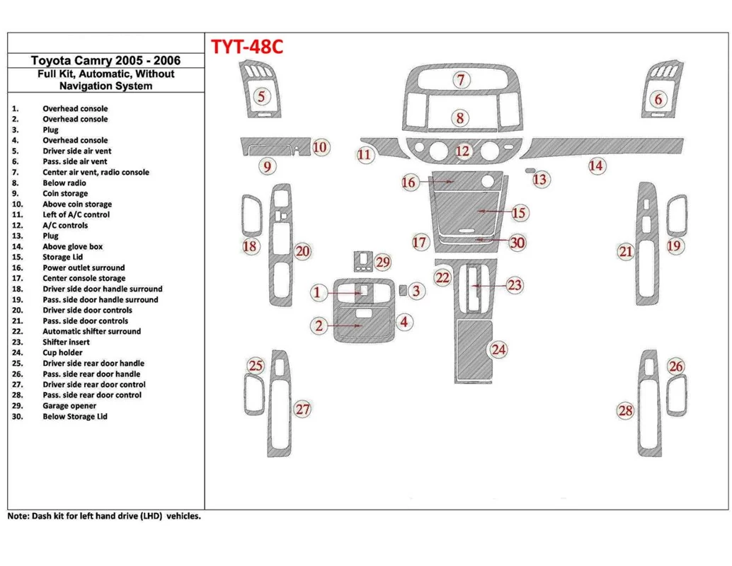 Toyota Camry 2005-2006 Full Set, Automatic Gear, Without NAVI system, Without OEM Interior BD Dash Trim Kit - 1 - Interior Dash 