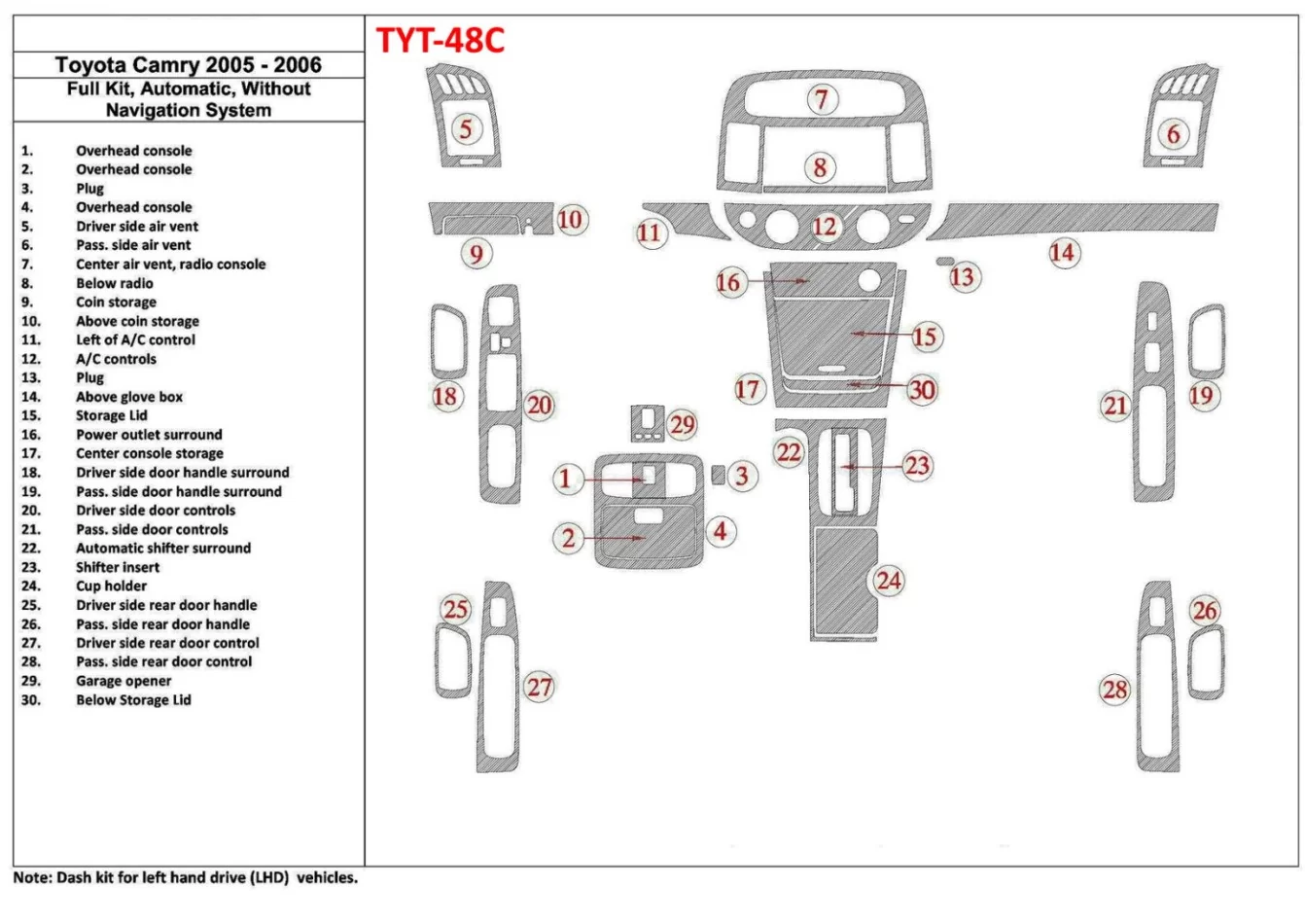 Toyota Camry 2005-2006 Full Set, Automatic Gear, Without NAVI system, Without OEM Interior BD Dash Trim Kit - 1 - Interior Dash 