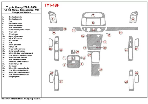 Toyota Camry 2005-2006 Full Set, Manual Gear Box, With NAVI system, Without OEM Interior BD Dash Trim Kit - 1 - Interior Dash Tr Toyota Camry 2005-2006 Full Set, Manual Gear Box, With NAVI system, Without OEM Interior BD Dash Trim Kit - 1 - Interior Dash Tr