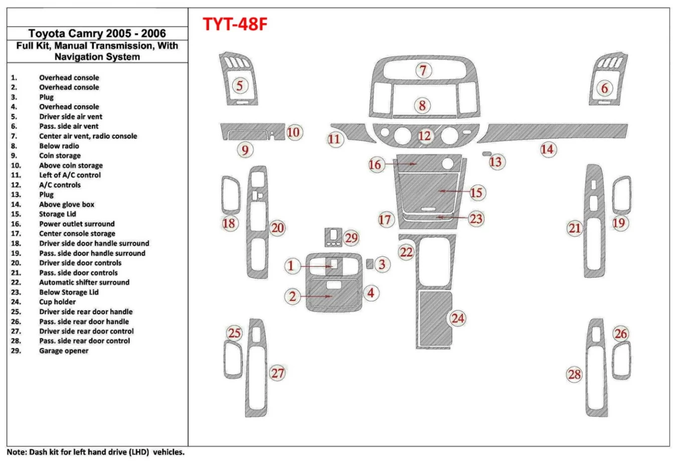 Toyota Camry 2005-2006 Full Set, Manual Gear Box, With NAVI system, Without OEM Interior BD Dash Trim Kit - 1 - Interior Dash Tr