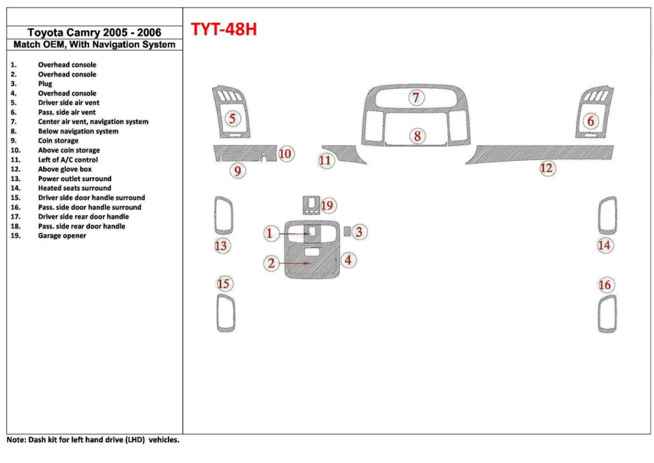Toyota Camry 2005-2006 OEM Compliance, With NAVI system Interior BD Dash Trim Kit - 1 - Interior Dash Trim Kit