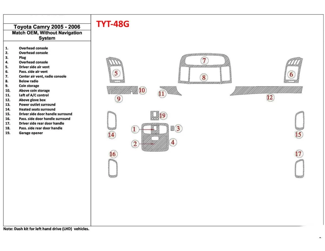 Toyota Camry 2005-2006 OEM Compliance, Without NAVI system Interior BD Dash Trim Kit - 1 - Interior Dash Trim Kit