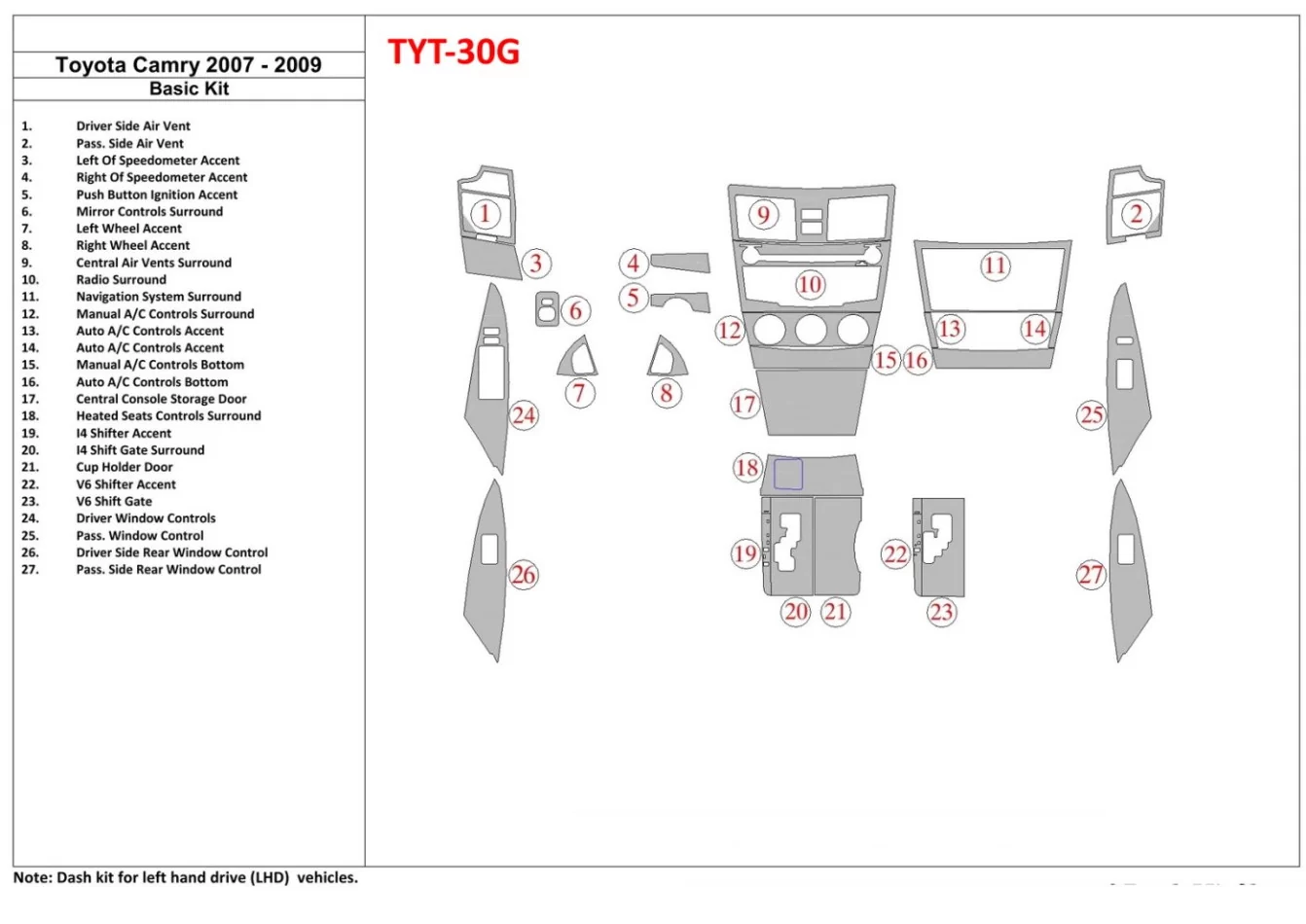 Toyota Camry 2007-2010 Basic Set Interior BD Dash Trim Kit - 1 - Interior Dash Trim Kit