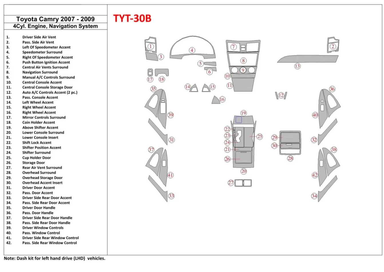 Toyota Camry 2007-2010 Full Set, 4 Cyl With NAVI Interior BD Dash Trim Kit - 1 - Interior Dash Trim Kit