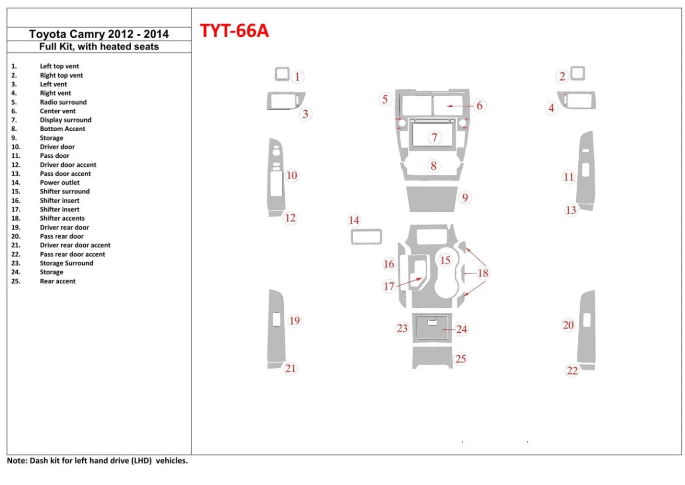 Toyota Camry 2012-UP Full Set, With Heating Seats Interior BD Dash Trim Kit - 1 - Interior Dash Trim Kit