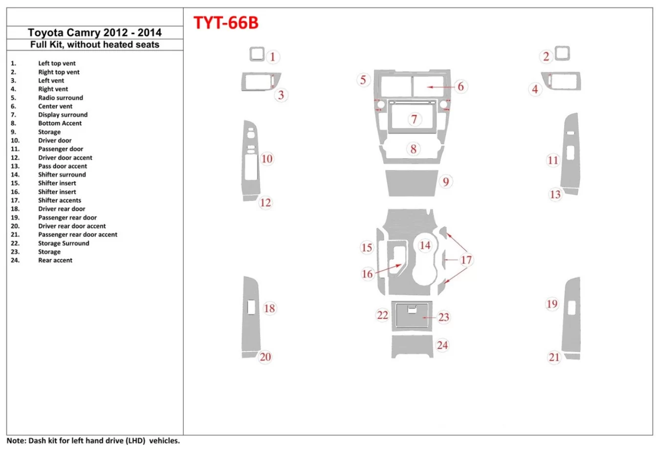 Toyota Camry 2012-UP Full Set, Without Seats Heating Interior BD Dash Trim Kit - 1 - Interior Dash Trim Kit