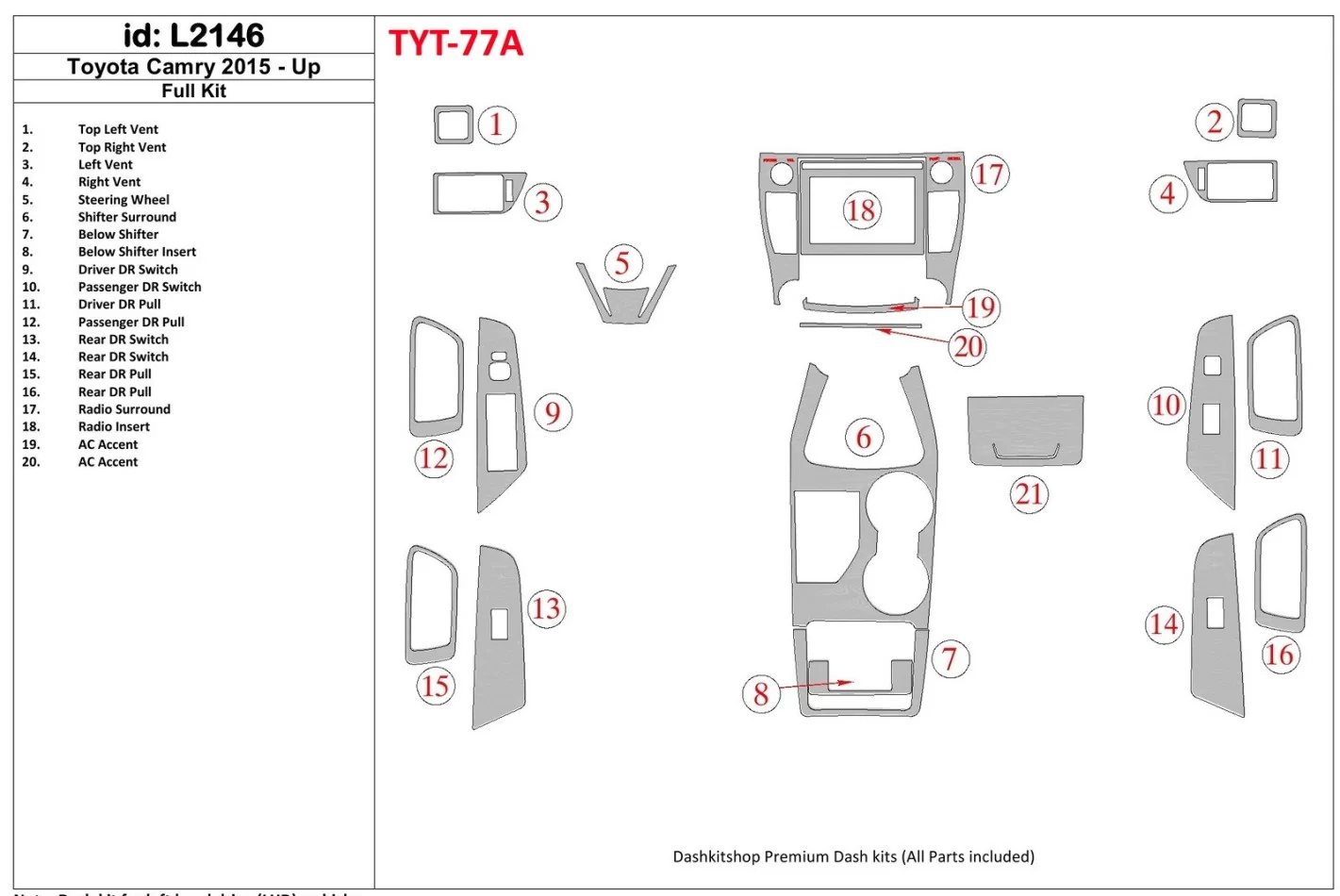 Toyota Camry 2015-UP Full Set Interior BD Dash Trim Kit - 1 - Interior Dash Trim Kit