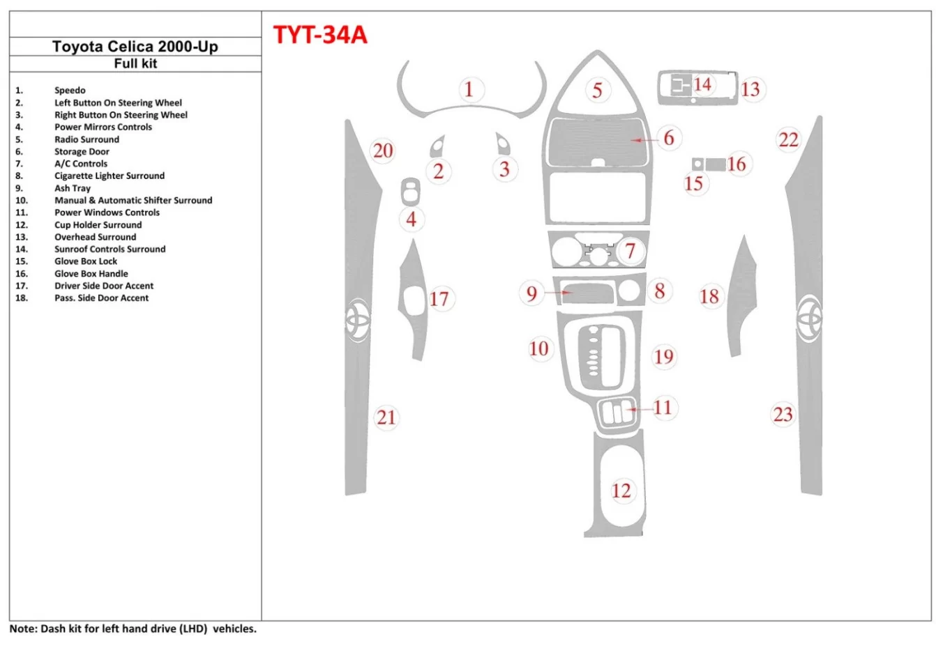 Toyota Celica 2000-UP 2 Doors Interior BD Dash Trim Kit - 1 - Interior Dash Trim Kit