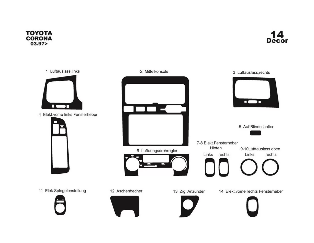 Toyota Corolla 03.97-02.02 3D Interior Dashboard Trim Kit Dash Trim Dekor 14-Parts - 1 - Interior Dash Trim Kit