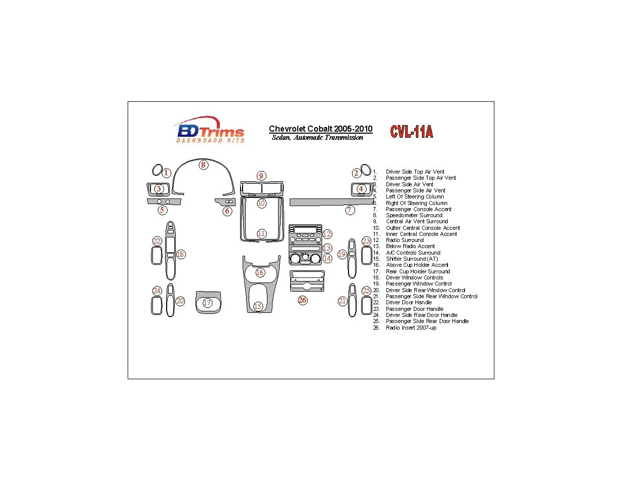 Chevrolet Cobalt 2005-UP Sedan, Automatic Gear Interior BD Dash Trim Kit - 1 - Interior Dash Trim Kit
