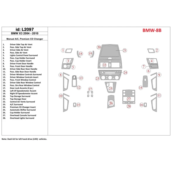 BMW X3 2004-2010 Aircondition, Premium CD changer Interior BD Dash Trim Kit