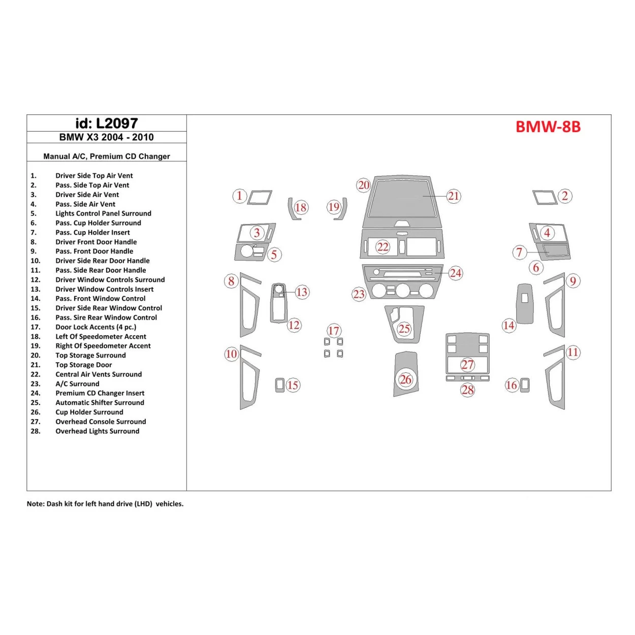 BMW X3 2004-2010 Aircondition, Premium CD changer Interior BD Dash Trim Kit