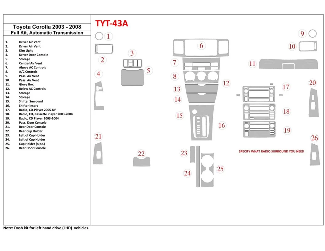 Toyota Corolla 2003-2008 Full Set Interior BD Dash Trim Kit - 1 - Interior Dash Trim Kit