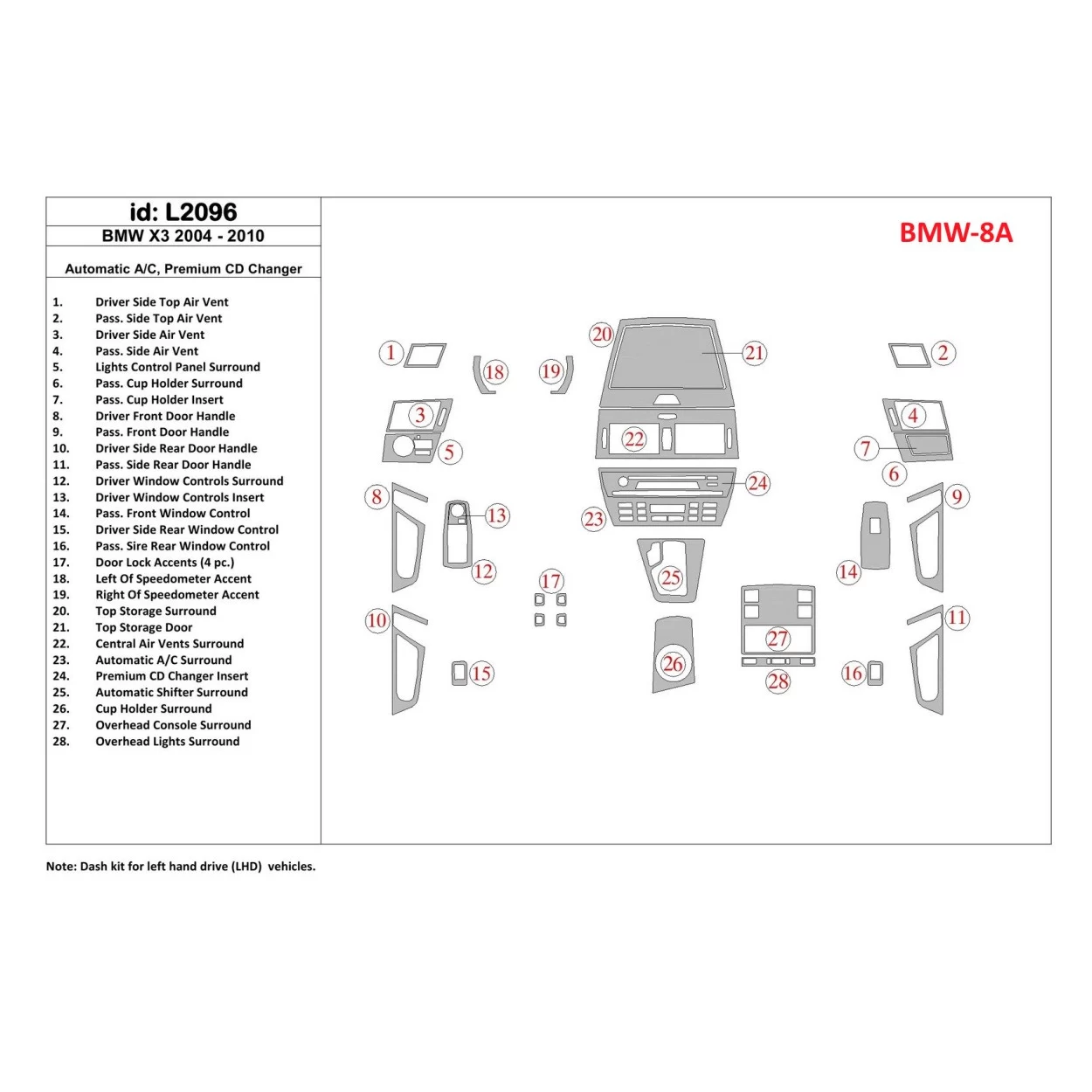 BMW X3 2004-UP Automatic Gearbox AC Control, Premium CD Changer Interior BD Dash Trim Kit