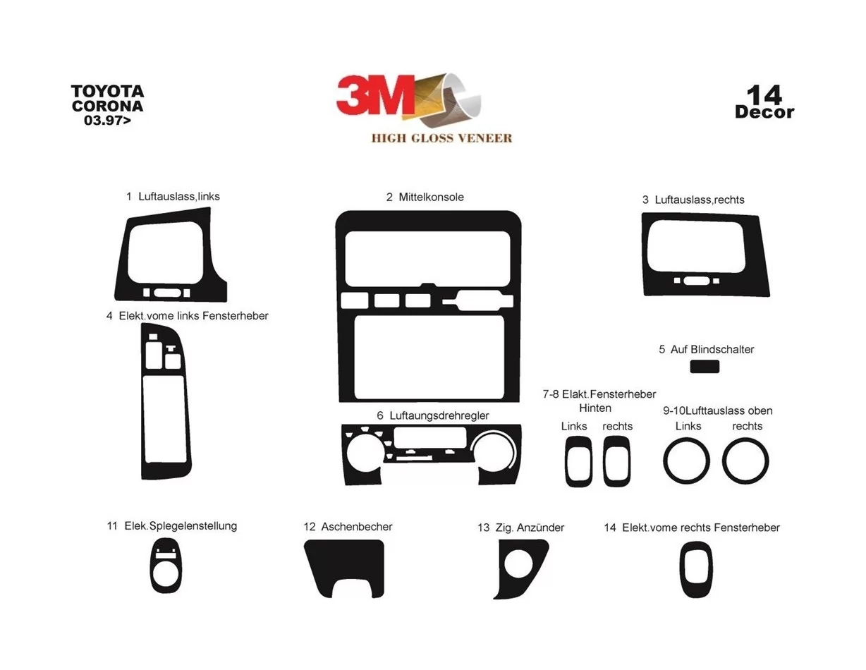 Toyota Corona 03.97-12.03 3D Interior Dashboard Trim Kit Dash Trim Dekor 14-Parts - 1 - Interior Dash Trim Kit