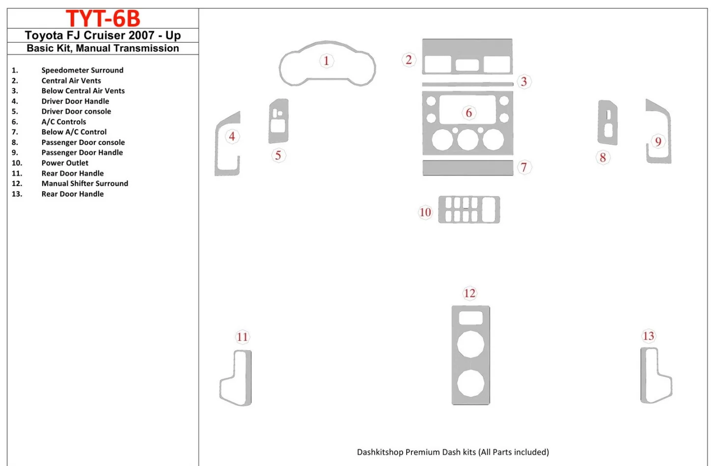 Toyota FJ Cruiser 2007-UP Basic Set, Manual Gear Box Interior BD Dash Trim Kit - 1 - Interior Dash Trim Kit