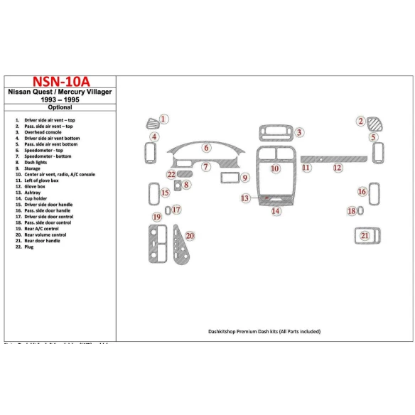 Nissan Quest 1993-1995 Full Set, 21 Parts set Interior BD Dash Trim Kit