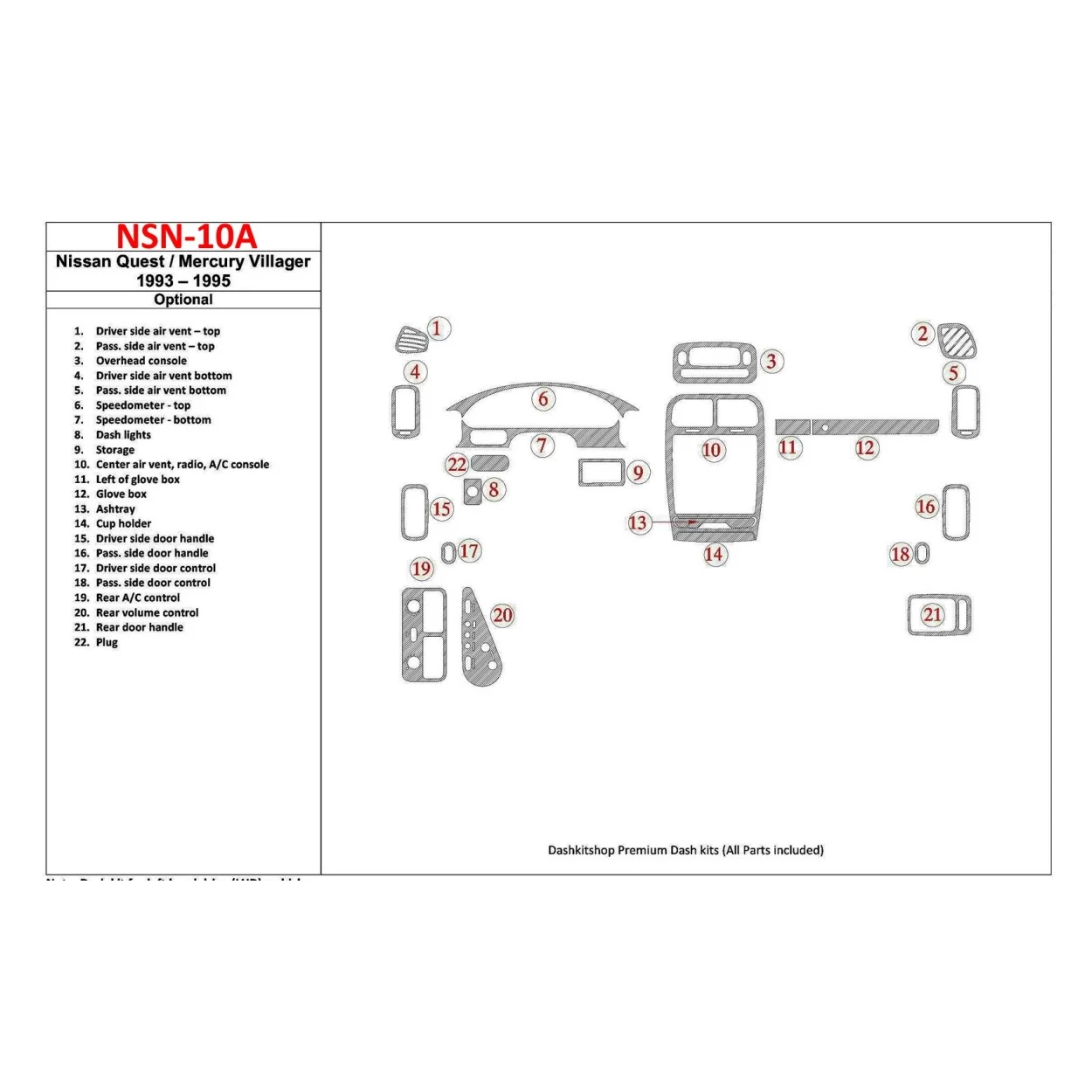 Nissan Quest 1993-1995 Full Set, 21 Parts set Interior BD Dash Trim Kit