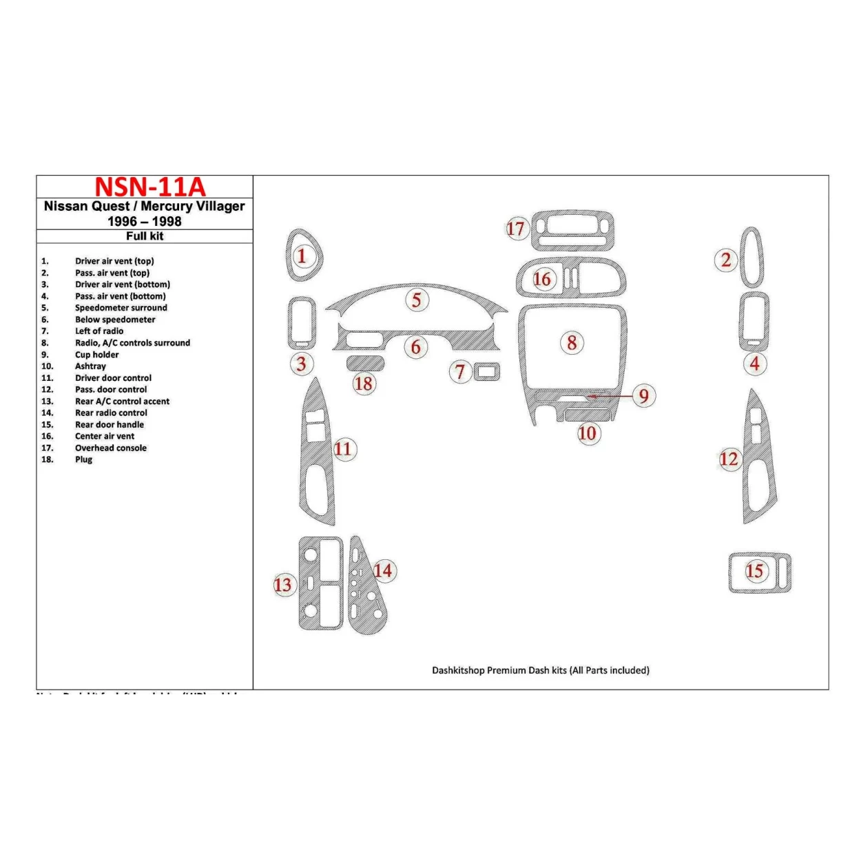 Nissan Quest 1996-1998 Full Set, 17 Parts set Interior BD Dash Trim Kit