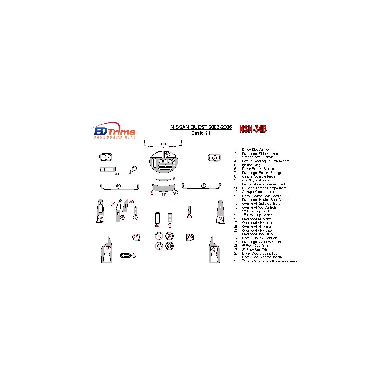 Nissan Quest 2003-2006 Basic Set Interior BD Dash Trim Kit