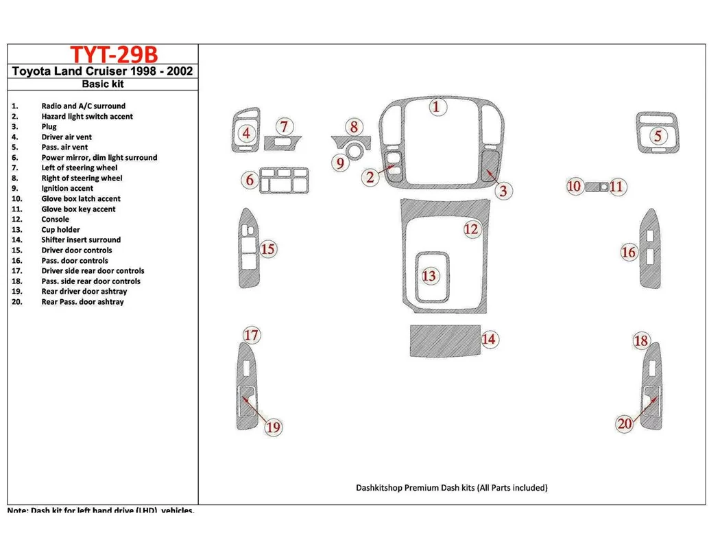 Toyota Land Cruiser 1998-2002 Basic Set, 20 Parts set Interior BD Dash Trim Kit - 1 - Interior Dash Trim Kit