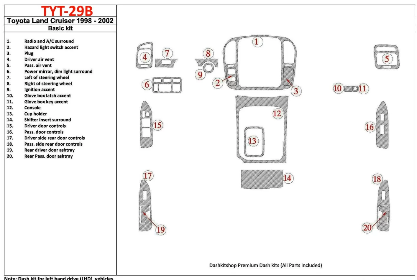 Toyota Land Cruiser 1998-2002 Basic Set, 20 Parts set Interior BD Dash Trim Kit - 1 - Interior Dash Trim Kit