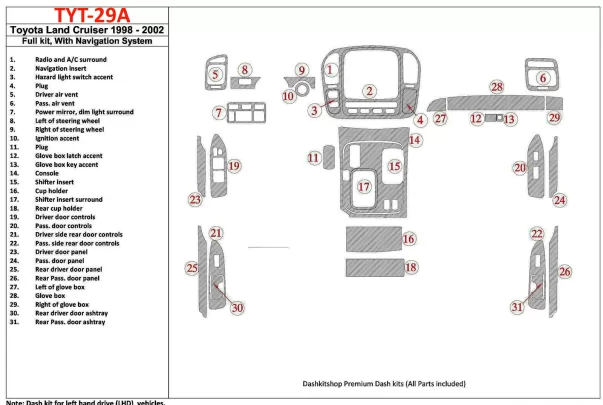 Toyota Land Cruiser 1998-2002 With NAVI, 31 Parts set Interior BD Dash Trim Kit - 1 - Interior Dash Trim Kit Toyota Land Cruiser 1998-2002 With NAVI, 31 Parts set Interior BD Dash Trim Kit - 1 - Interior Dash Trim Kit