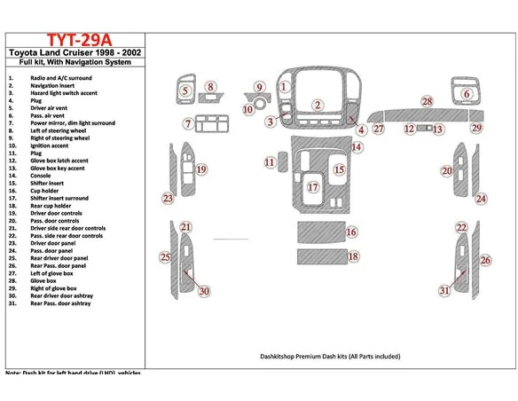 Toyota Land Cruiser 1998-2002 With NAVI, 31 Parts set Interior BD Dash Trim Kit - 1 - Interior Dash Trim Kit
