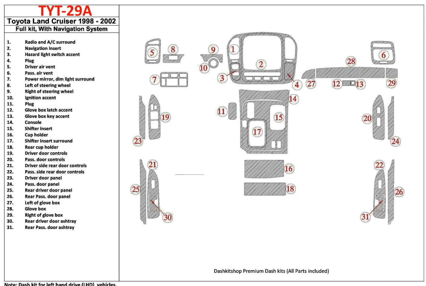 Toyota Land Cruiser 1998-2002 With NAVI, 31 Parts set Interior BD Dash Trim Kit - 1 - Interior Dash Trim Kit