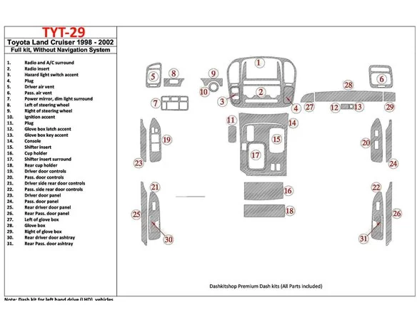 Toyota Land Cruiser 1998-2002 Without NAVI system, 31 Parts set Interior BD Dash Trim Kit - 1 - Interior Dash Trim Kit