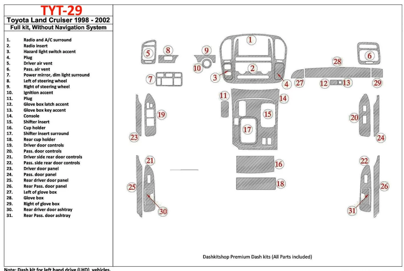 Toyota Land Cruiser 1998-2002 Without NAVI system, 31 Parts set Interior BD Dash Trim Kit - 1 - Interior Dash Trim Kit