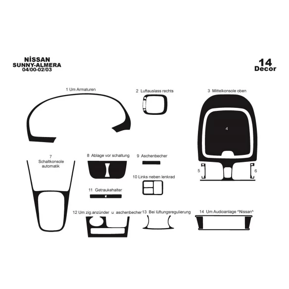 Nissan Sunny-Almera Arabian 04.00-02.03 3D Interior Dashboard Trim Kit Dash Trim Dekor 14-Parts