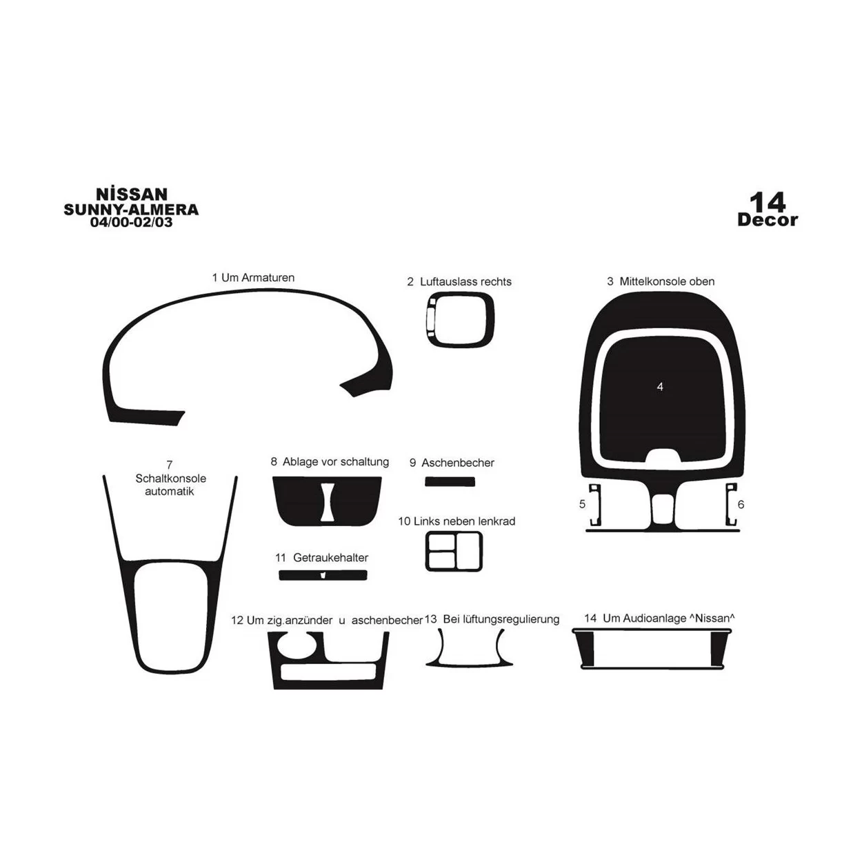 Nissan Sunny-Almera Arabian 04.00-02.03 3D Interior Dashboard Trim Kit Dash Trim Dekor 14-Parts