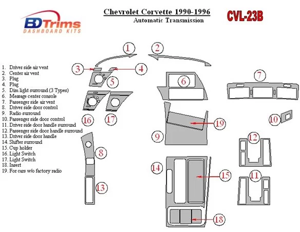 Chevrolet Corvette 1990-1996 Automatic Gear Interior BD Dash Trim Kit - 1 - Interior Dash Trim Kit