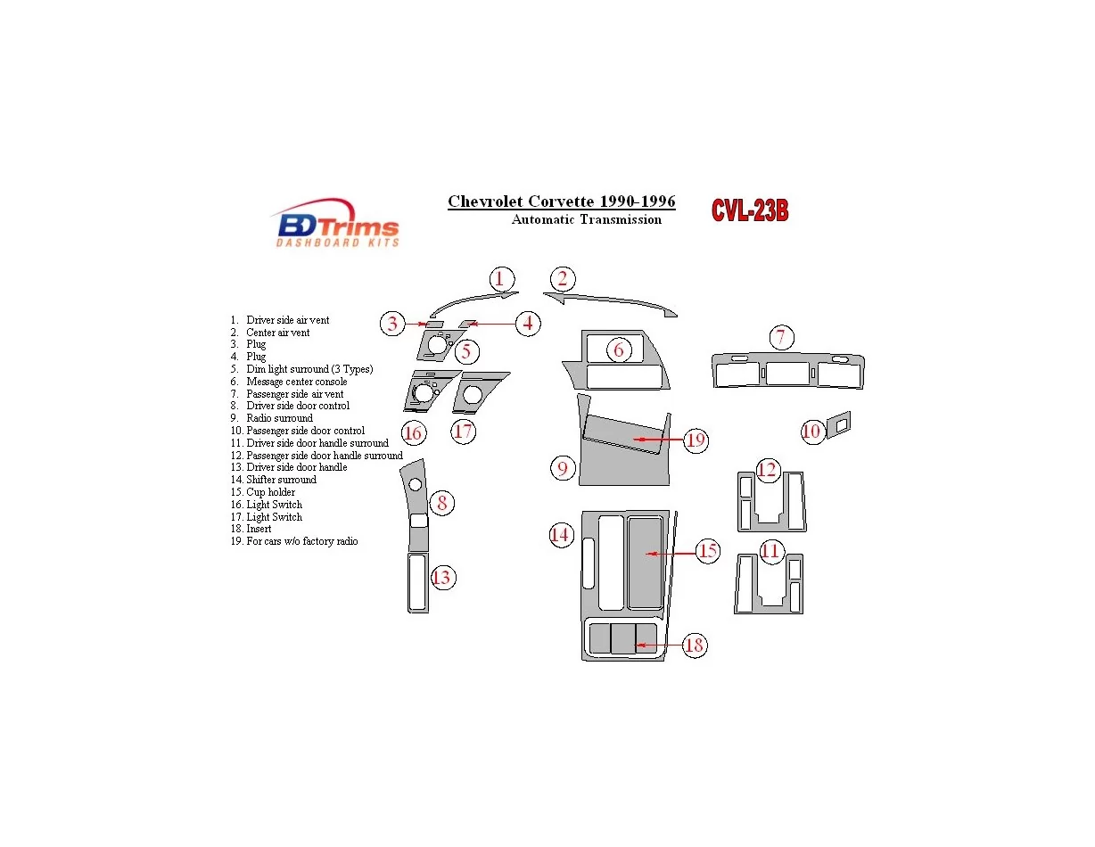 Chevrolet Corvette 1990-1996 Automatic Gear Interior BD Dash Trim Kit - 1 - Interior Dash Trim Kit
