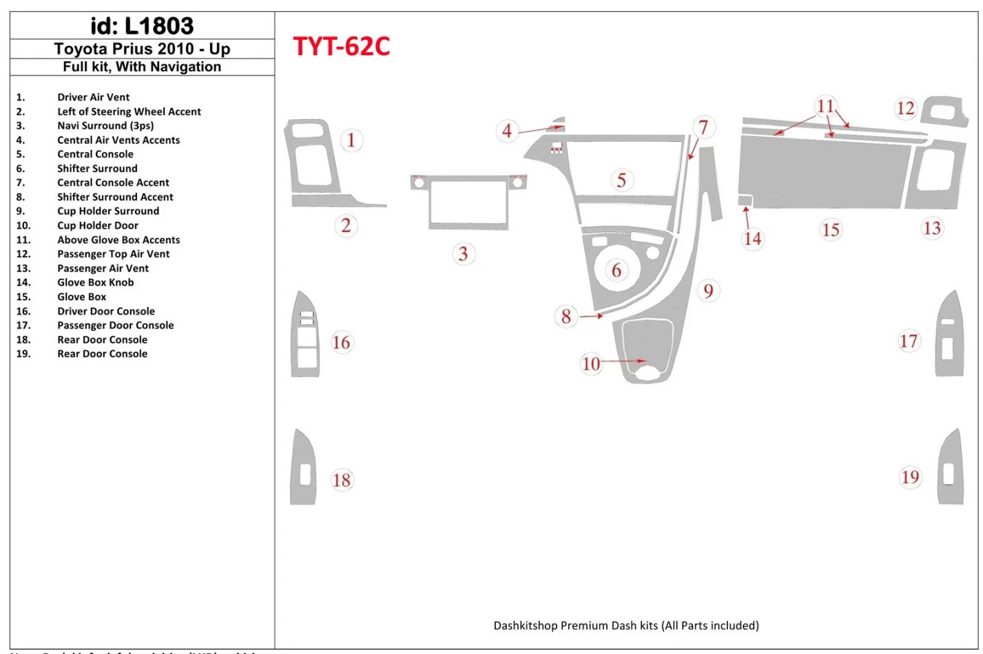 Toyota Prius 2010-UP Full Set, With NAVI system Interior BD Dash Trim Kit - 1 - Interior Dash Trim Kit