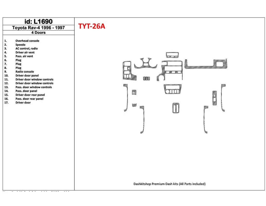 Toyota RAV-4 1996-1997 4 Doors, 17 Parts set Interior BD Dash Trim Kit - 1 - Interior Dash Trim Kit