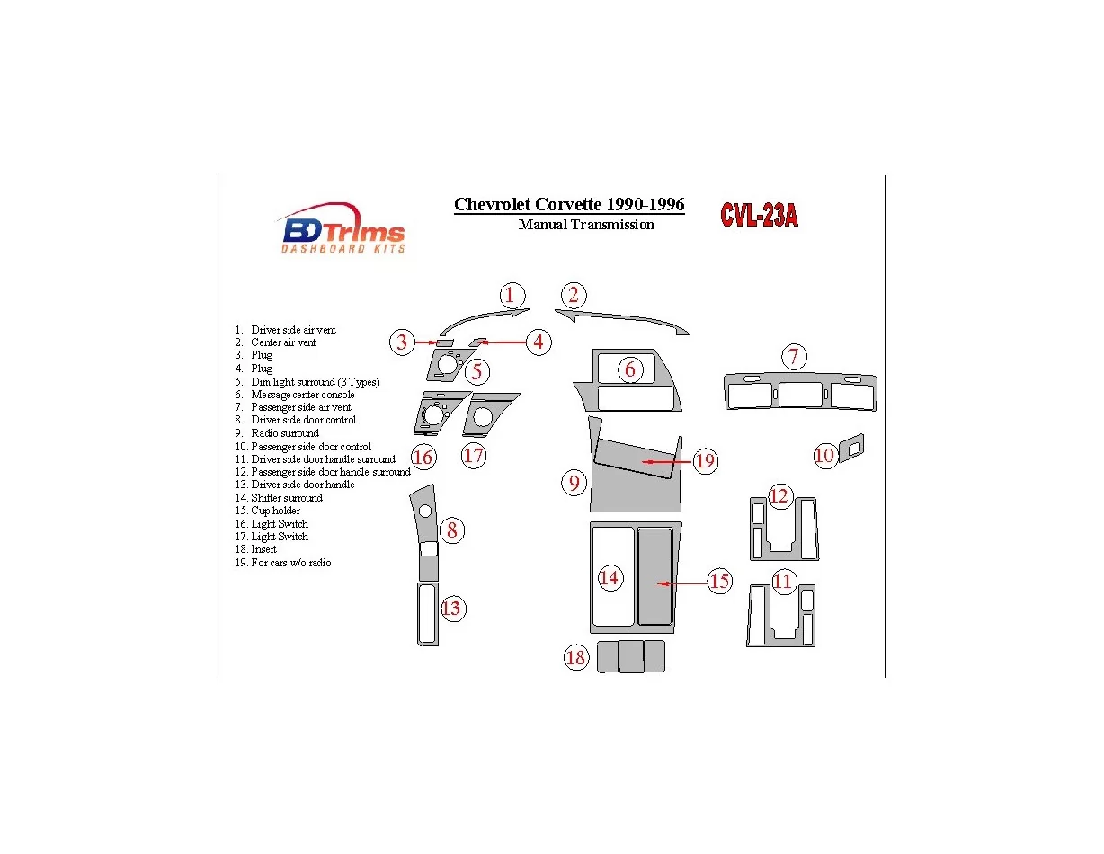 Chevrolet Corvette 1990-1996 Manual Gear Box Interior BD Dash Trim Kit - 1 - Interior Dash Trim Kit