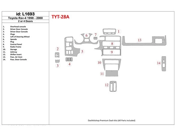 Toyota RAV-4 1998-2000 4 Doors, 20 Parts set Interior BD Dash Trim Kit - 1 - Interior Dash Trim Kit