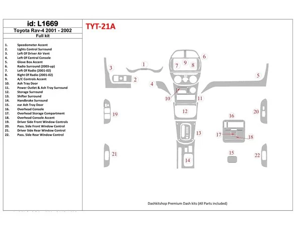 Toyota RAV-4 2001-2002 Full Set Interior BD Dash Trim Kit - 1 - Interior Dash Trim Kit