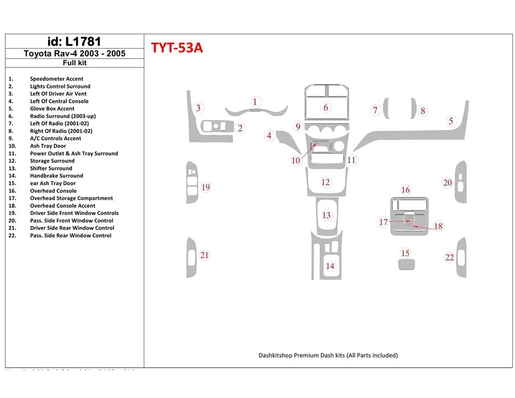Toyota RAV-4 2003-2005 Full Set Interior BD Dash Trim Kit - 1 - Interior Dash Trim Kit