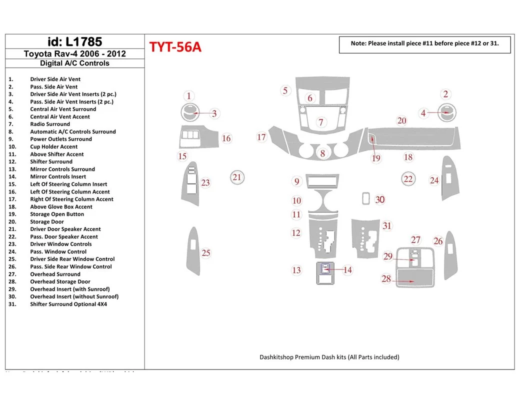 Toyota RAV-4 2006-UP Automatic Gearbox A/C Controls Interior BD Dash Trim Kit - 1 - Interior Dash Trim Kit