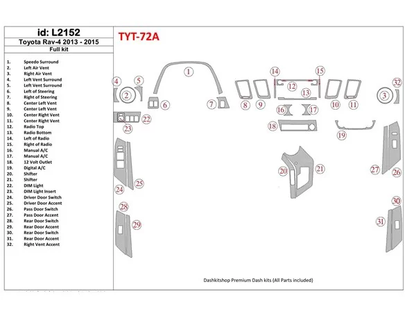 Toyota RAV-4 2013-2015 Full Set Interior BD Dash Trim Kit - 1 - Interior Dash Trim Kit