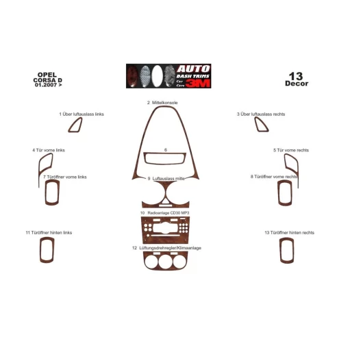 Opel Corsa D 01.2007 3D Interior Dashboard Trim Kit Dash Trim Dekor 13-Parts