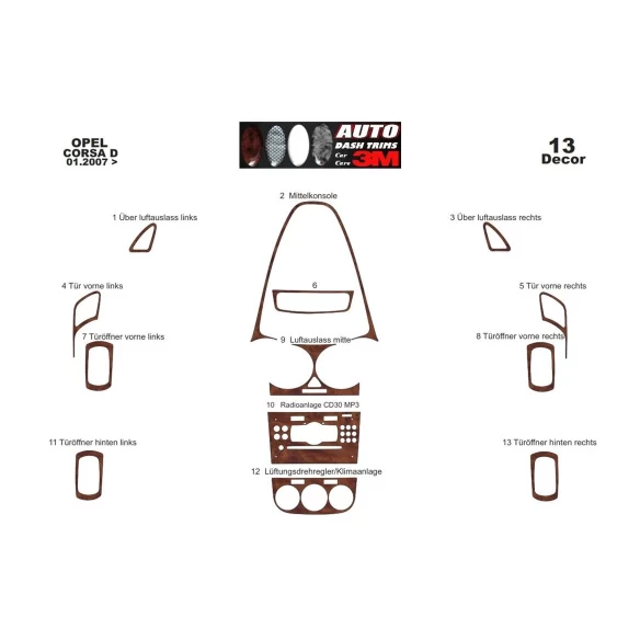 Opel Corsa D 01.2007 3D Interior Dashboard Trim Kit Dash Trim Dekor 13-Parts