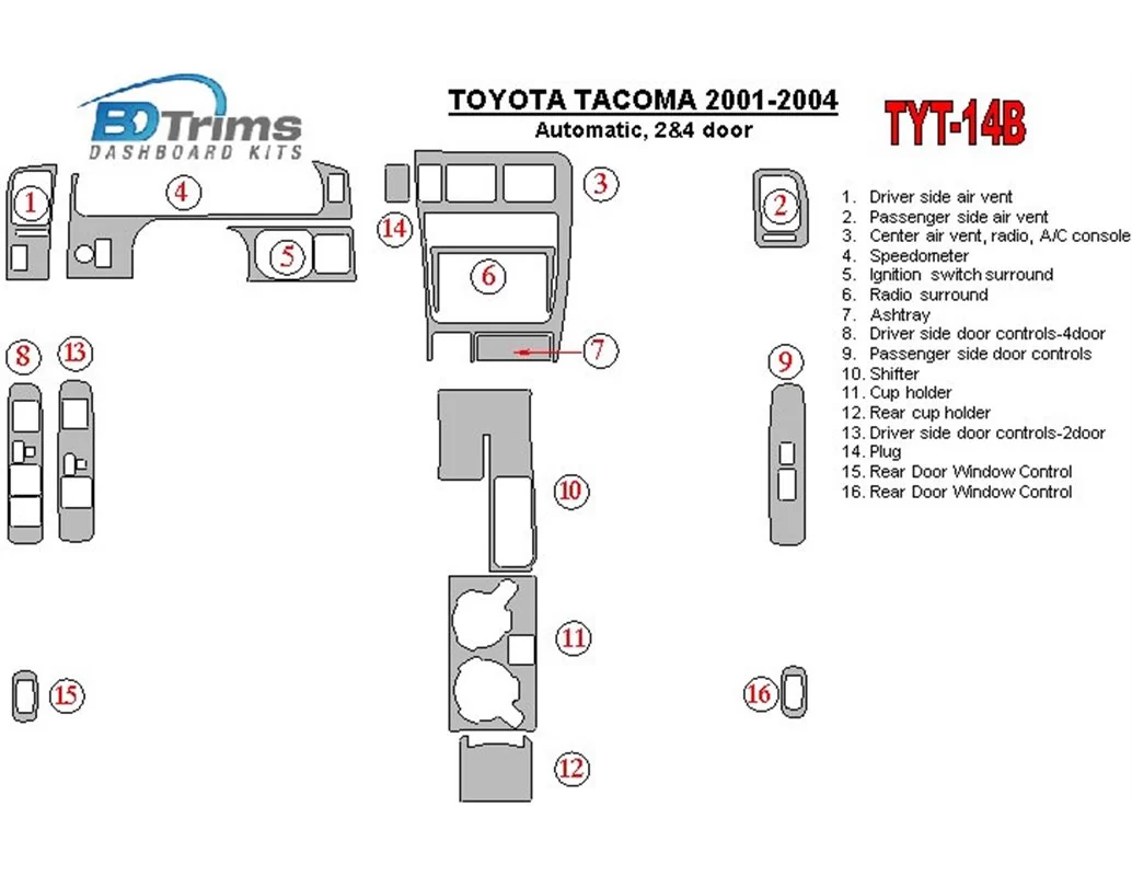 Toyota Tacoma 2000-2004 Automatic Gear, 2&4 Doors Interior BD Dash Trim Kit - 1 - Interior Dash Trim Kit