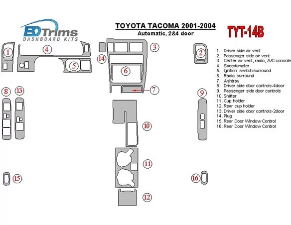 Toyota Tacoma 2000-2004 Automatic Gear, 2&4 Doors Interior BD Dash Trim Kit - 1 - Interior Dash Trim Kit